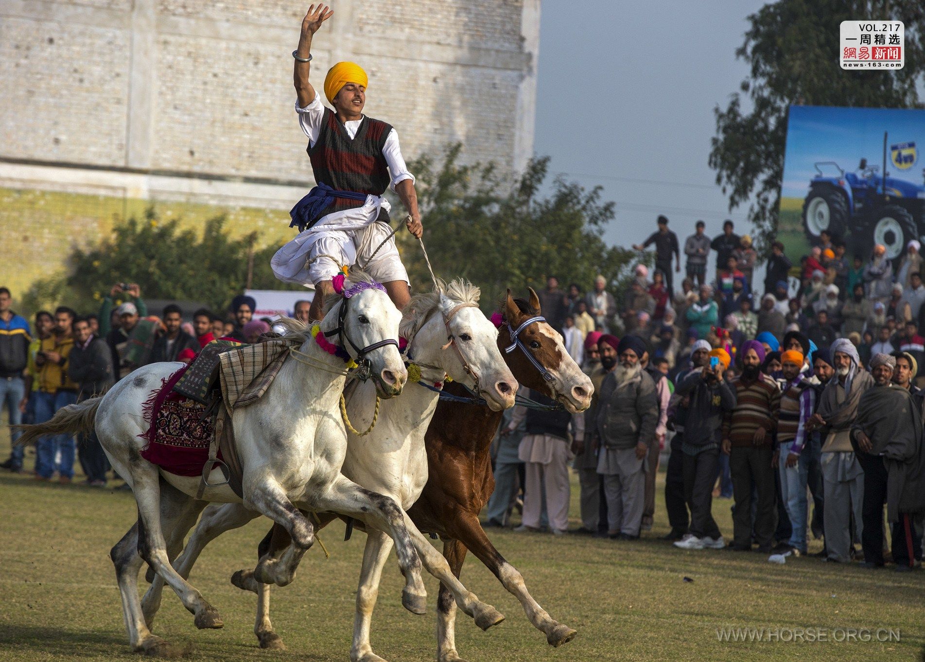 当地时间2014年2月1日，印度旁遮普邦，一名男子骑三匹马参加印度乡村运动会。Kila Rai.jpg
