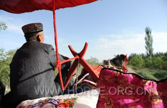 4月25日，一名维吾尔族男子载着新郎，驾着马车前去迎娶新娘。.jpg